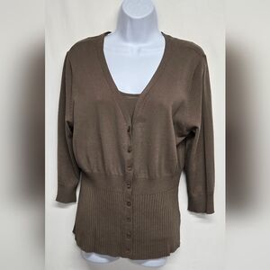 George Ladies L 12 / 14 Two piece Sweater & Tank Set Stretch Knit Taupe Brown